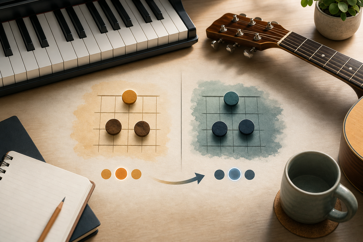 Teclado e violao com formas abstratas de triades comparando a sonoridade de acordes maiores e menores