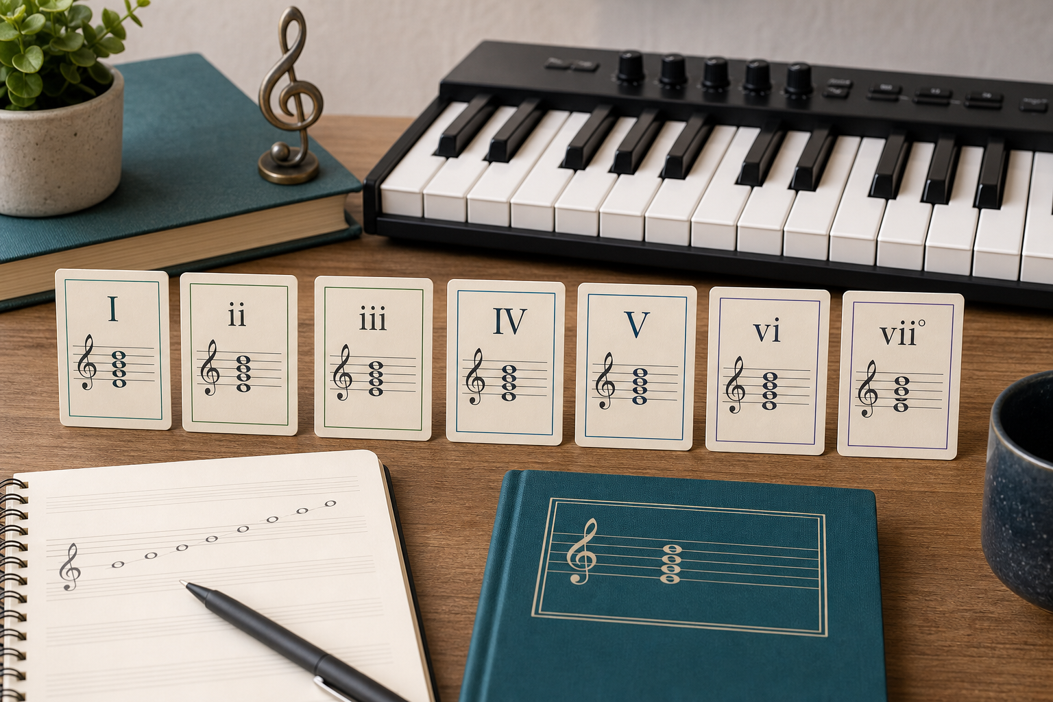Mesa de estudo musical com teclado e cartas de graus harmonicos mostrando acordes formados a partir de uma escala