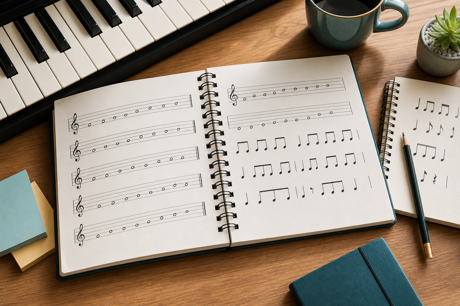 Caderno de partitura com clave de sol, lapis e teclado em uma mesa de estudo para leitura musical