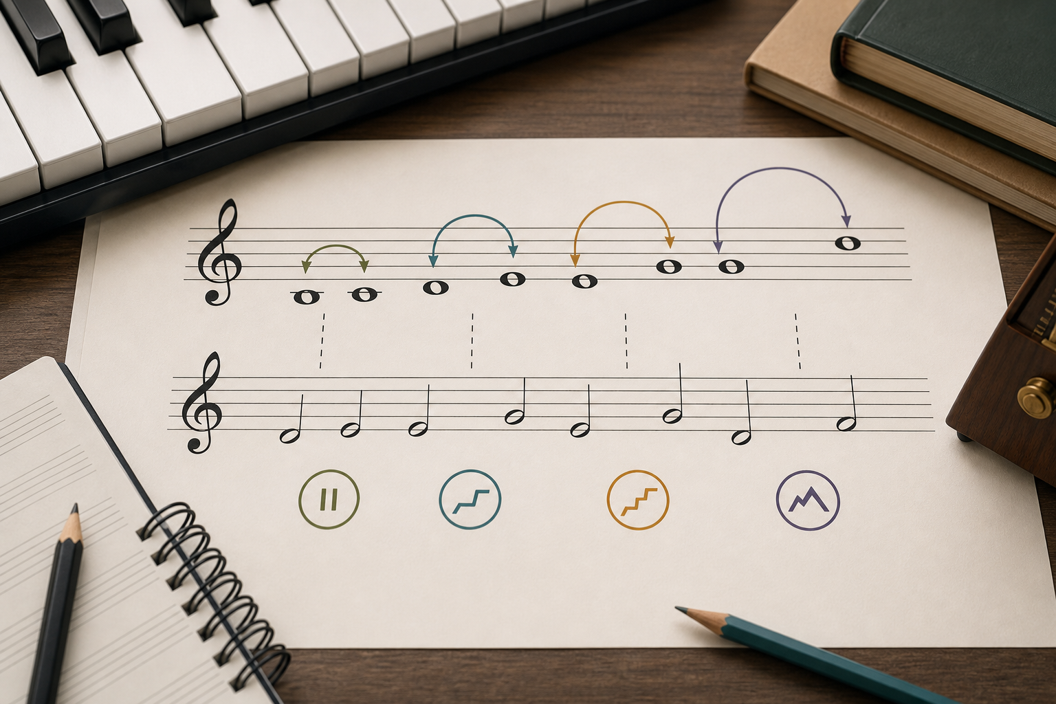 Pauta musical e teclado com arcos entre notas representando distancias de intervalos musicais